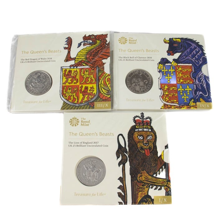 Selection of three 2017-2018 of The Royal Tudor Beasts UK £5 Brilliant Uncirculated Coins, all come with presentation booklets. (VAT Only Payable on Buyers Premium)