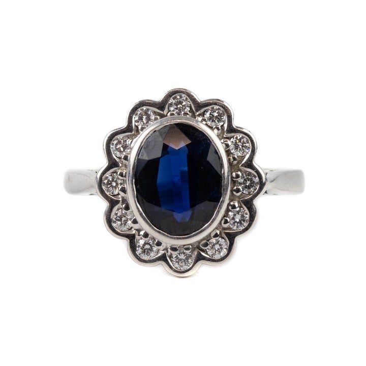 18ct White Gold 1.50ct Sapphire with Diamond Halo Flower Ring, Size N, 6.8g. (VAT Only Payable on Buyers Premium)