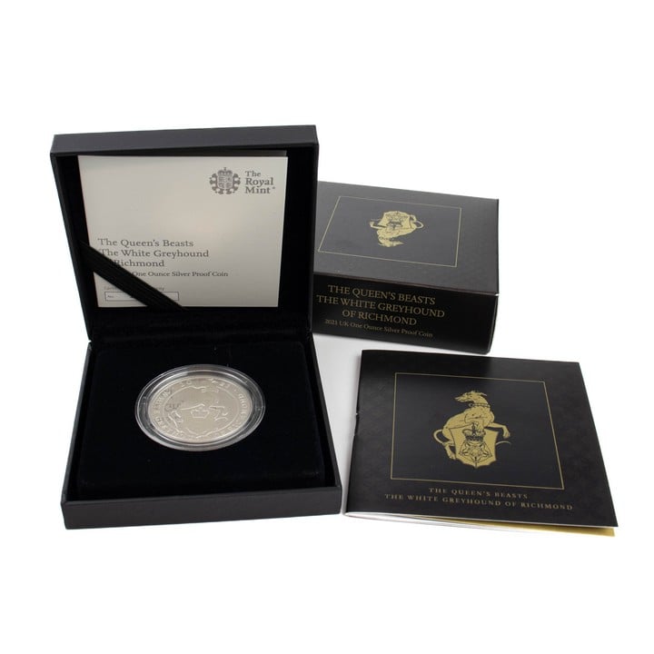 The Royal Mint The Queen's Beasts The White Greyhound of Richmond 2021 UK 1oz Silver Proof Coin, comes with presentation box, booklet and out box. (VAT Only Payable on Buyers Premium)