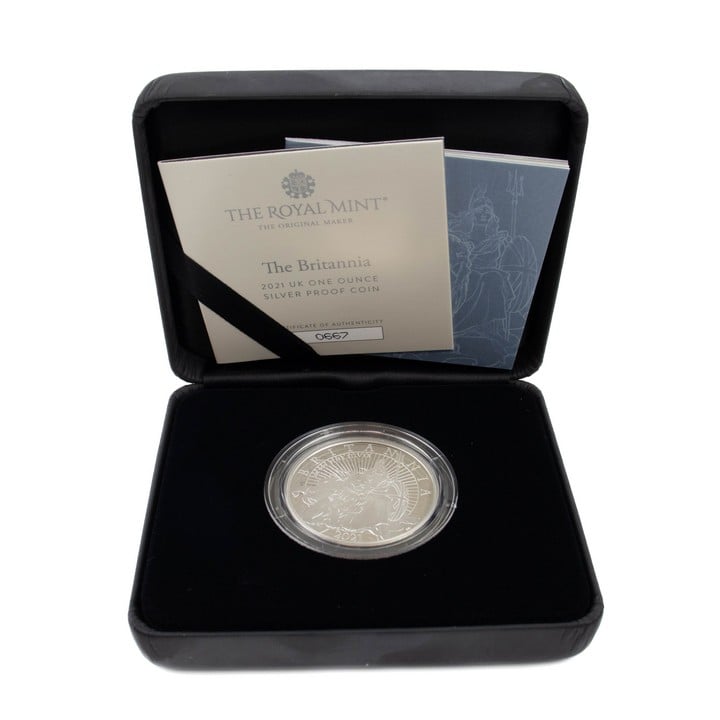 The Royal Mint The Britannia 2021 UK 1oz Silver Proof Coin, comes with presentation box, booklet and out box. (VAT Only Payable on Buyers Premium)