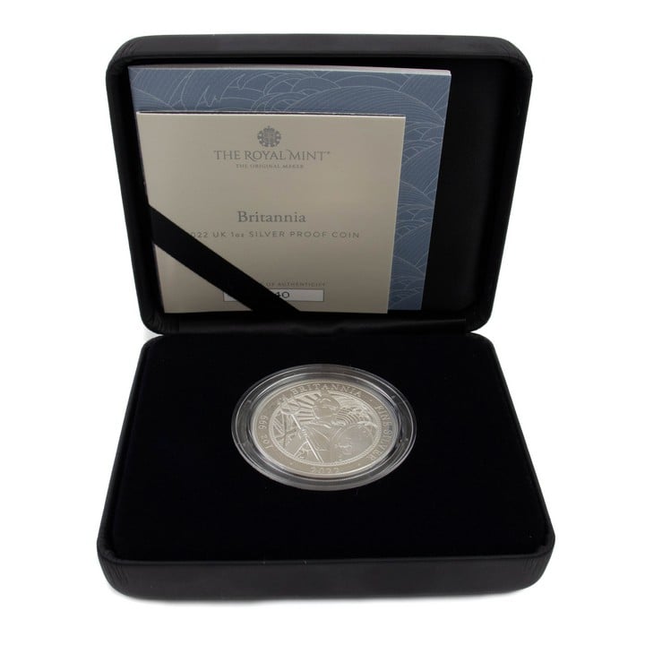 The Royal Mint The Britannia 2022 UK 1oz Silver Proof Coin, comes with presentation box, booklet and out box. (VAT Only Payable on Buyers Premium)