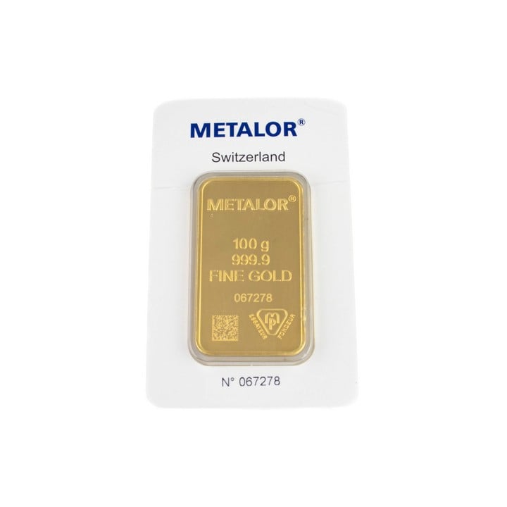 Metalor 999.9 Fine Gold Bar, 100g. Serial No. 067278.  Auction Guide: £5,000-£5,500 (VAT Only Payable on Buyers Premium)