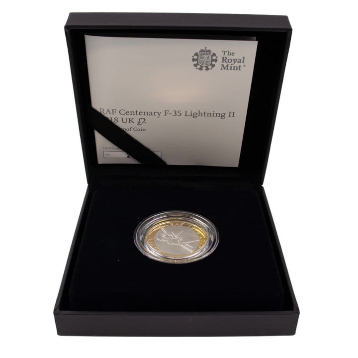 The Royal Mint RAF Centenary F-35 Lightning II 2018 UK £2 Silver Proof Coin, comes with presentation box, booklet and out box. (VAT Only Payable on Buyers Premium)