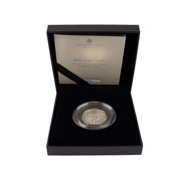 The Royal Mint John Logie Baird 2021 UK 50p Silver Proof Piedfort Coin, comes with presentation box, booklet and out box. (VAT Only Payable on Buyers Premium)