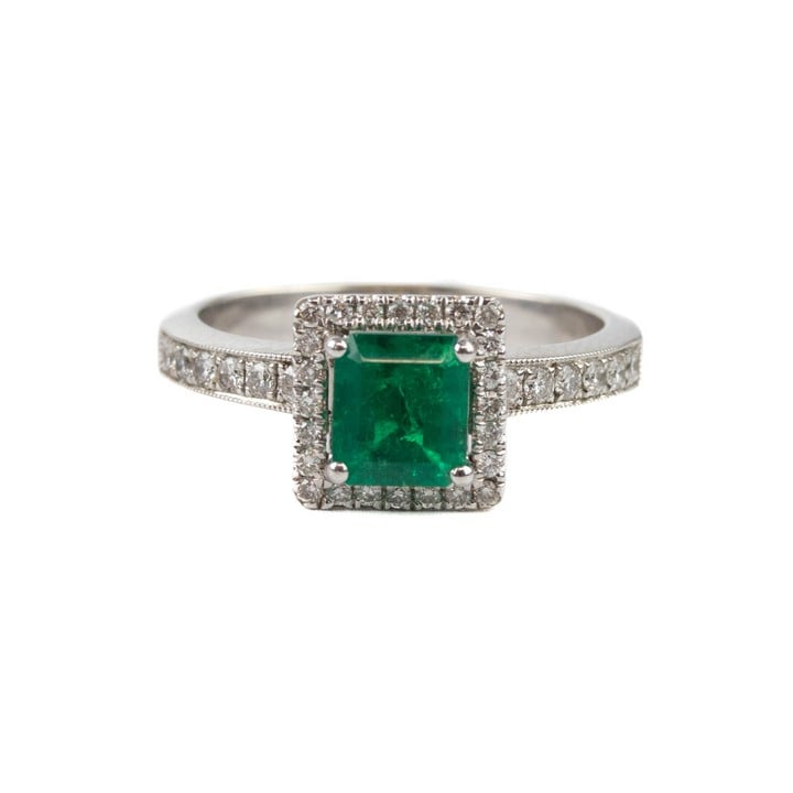 18ct White Gold 1.00ct Columbian Emerald with Diamond Halo and Shoulders Ring, Size N, 5.1g. (VAT Only Payable on Buyers Premium)