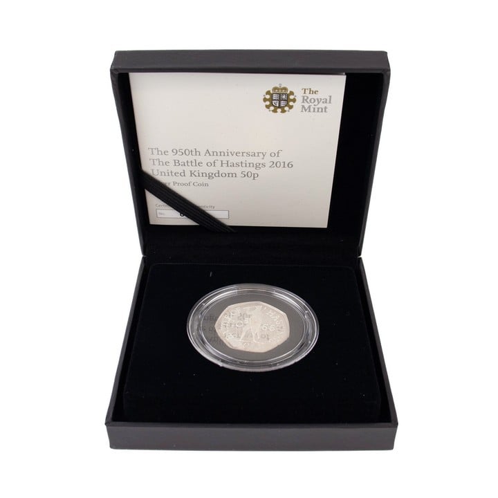 The Royal Mint The 950th Anniversary of the Battle of Hastings 2016 UK 50p Silver Proof Coin, comes with presentation box, booklet and out box. (VAT Only Payable on Buyers Premium)