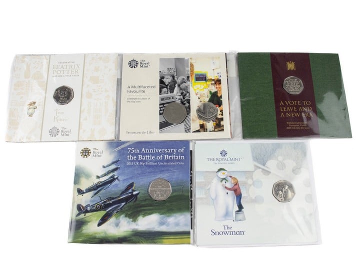 Selection of five 50p Coins with presentation leaflets, including 2017 Beatrix Potter 'Tom Kitten', 2021 The Snowman, 2018 A Multifaceted Favourite, 2020 A Vote to Leave and a New Era and 2015 75th A