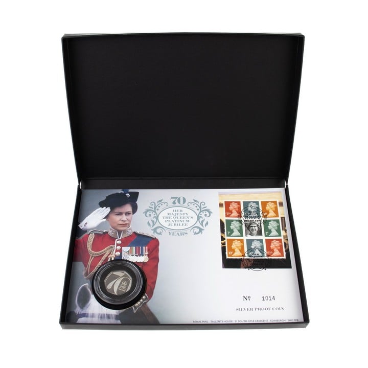 The Royal Mint 70th Years of Her Majesty the Queen's Platinum Jubilee 50p Silver Proof Coin and Stamps, comes with presentation envelope and box. (VAT Only Payable on Buyers Premium)