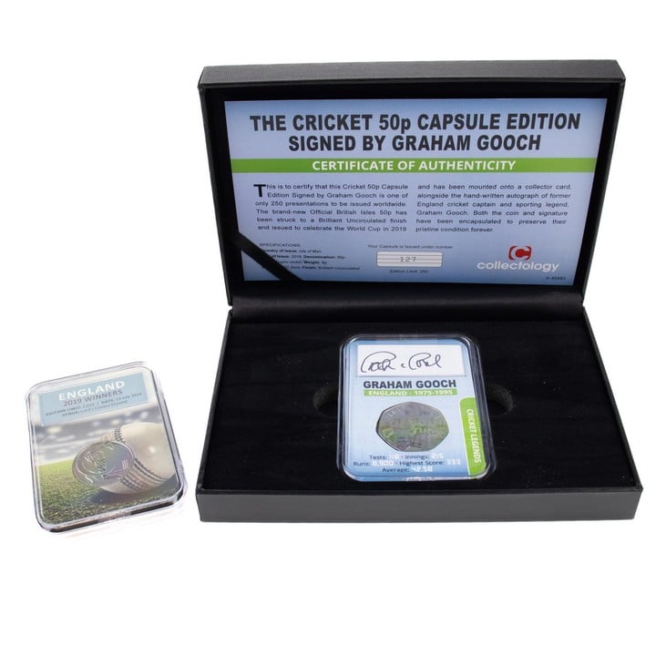 Selection of two Coins celebrating Cricket, England 2019 Winners 10p Coin in a presentation case and The Cricket 50p Capsule Edition Signed by Graham Gooch Coin in a presentation box and booklet. (VA