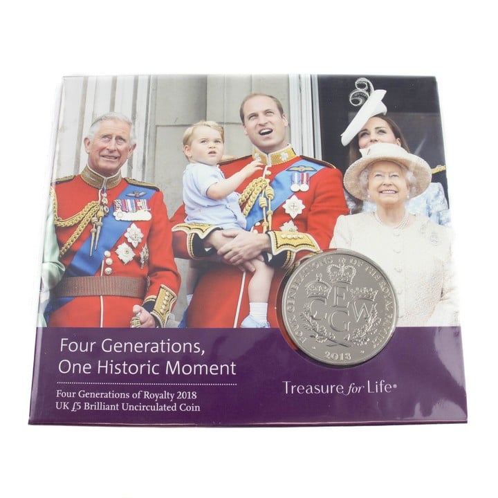 The Royal Mint Four Generations of Royalty 2018 UK £5 Brilliant Coin, comes with presentation booklet. (VAT Only Payable on Buyers Premium)