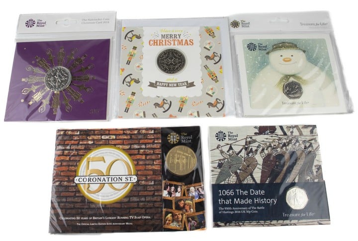 Selection of Commemorative Coins, including The Nutcracker Coin Christmas Coin Card 2018, Merry Christmas Coin Card 2018, Coronation Street Celebrating 50 years Coin, The Snowman 50p Christmas Card a