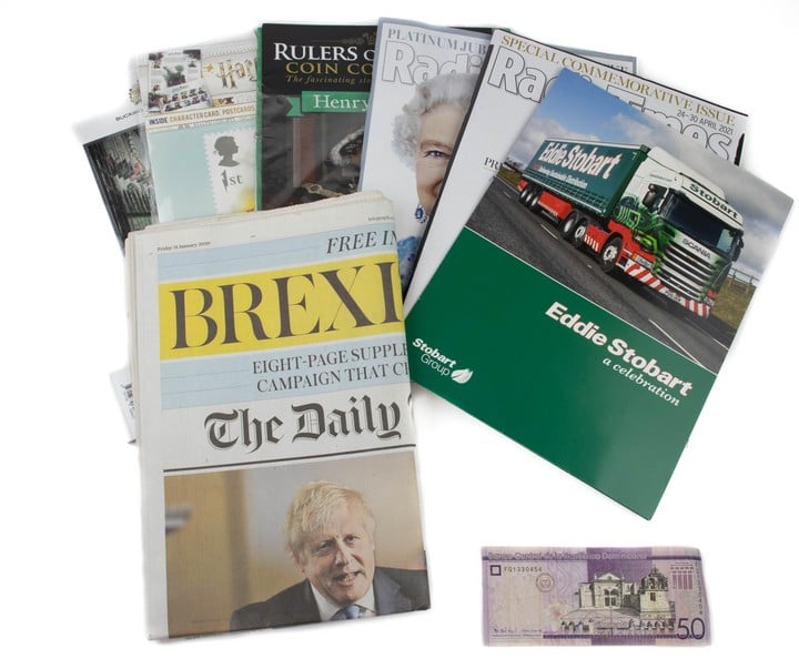 Selection of Magazines, Brochures and Stamp Album, including Harry Potter Souvenir Stamp Pack, The Platinum Jubilee Official Souvenir Programme, Radio Times Magazines, Telegraph Newspaper and a 50 Pe