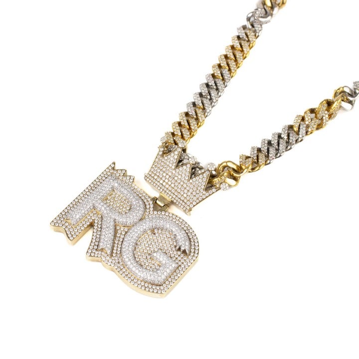 9K Yellow and White Clear Stone Set Initial RG Crown Pendant, 5.5x5cm with Clear Stone Set Curb Chain, 60cm, total weight 177.7g. (Twisted Chain).  Auction Guide: £2,250-2,750 (VAT Only Payable on Bu