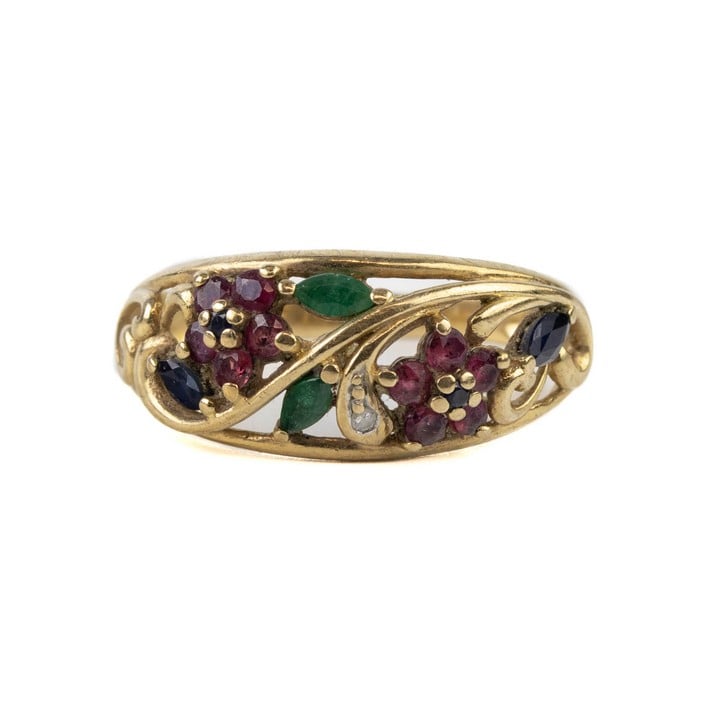 9ct Yellow Gold Coloured Stones Floral Band Ring, Size Q, 3.2g (VAT Only Payable on Buyers Premium)