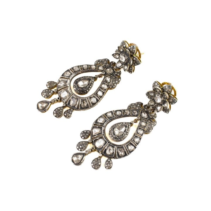 Silver Gold Plate Diamond Old-cut Pair of Antique Drop Flower Earrings, 9x3.5cm, 45.7g. (VAT Only Payable on Buyers Premium)