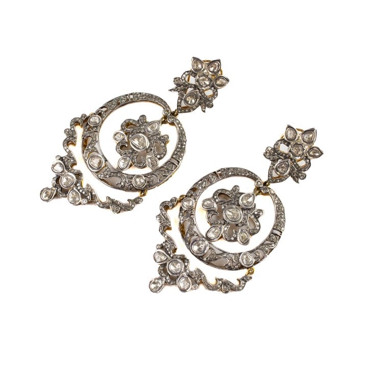 Silver Gold Plate Diamond Old-cut Pair of Antique Drop Fancy Earrings, 9x4.6cm, 45.4g. (VAT Only Payable on Buyers Premium)