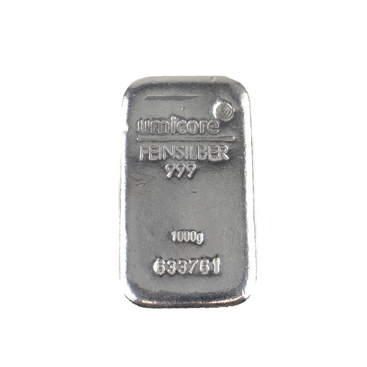 Umicore 999.0 Fine Silver Bar, 1000g. Serial No. 633761.  Auction Guide: £300-£400 (VAT Only Payable on Buyers Premium)