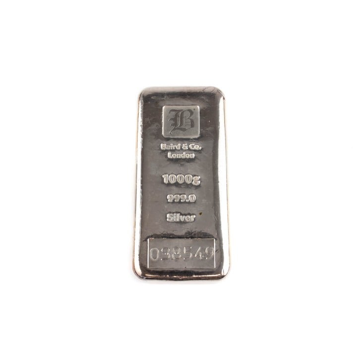 Baird & Co. London 999.0 Fine Silver Bar, 1000g. Serial No. 038549.  Auction Guide: £300-£400 (VAT Only Payable on Buyers Premium)