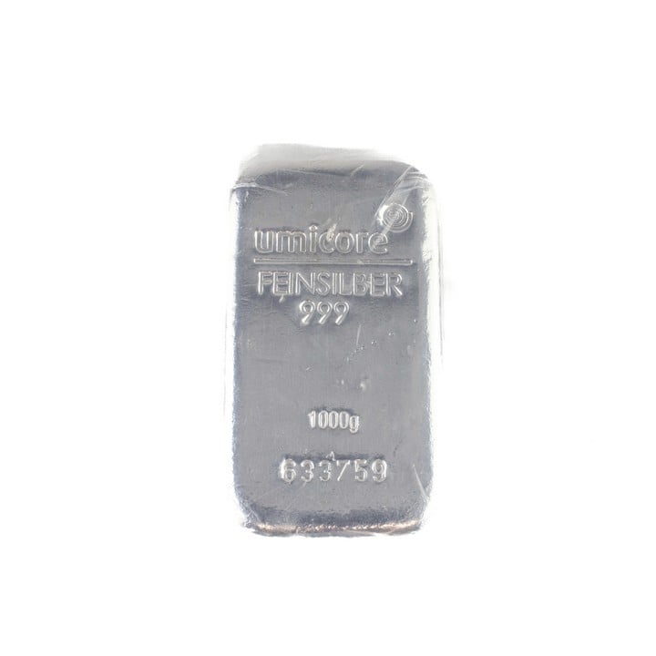 Umicore 999.0 Fine Silver Bar, 1000g. Serial No. 633759.  Auction Guide: £300-£400 (VAT Only Payable on Buyers Premium)