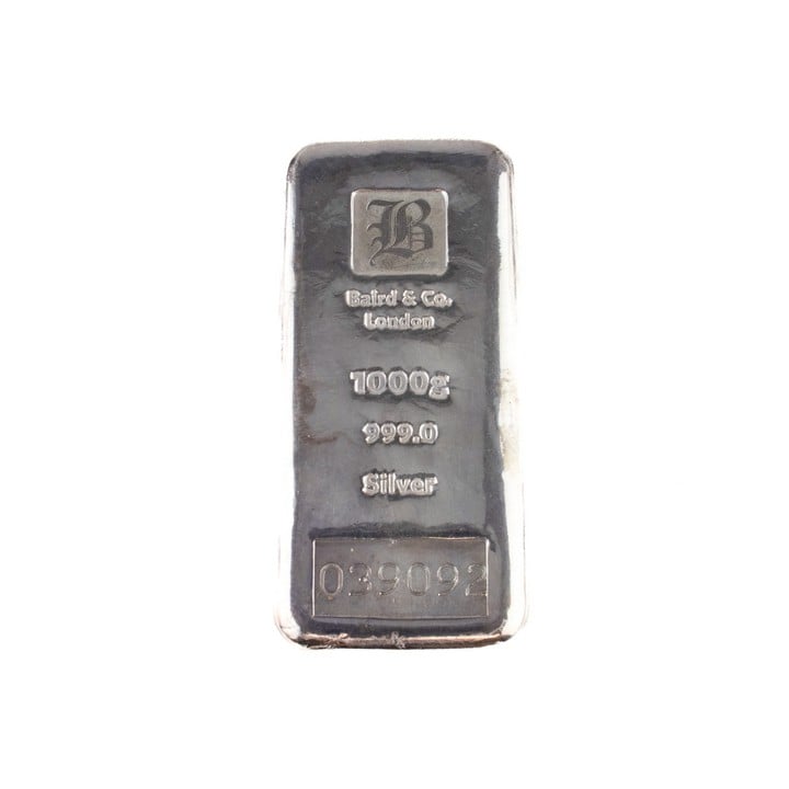 Baird & Co. London 999.0 Fine Silver Bar, 1000g. Serial No. 039092.  Auction Guide: £300-£400 (VAT Only Payable on Buyers Premium)