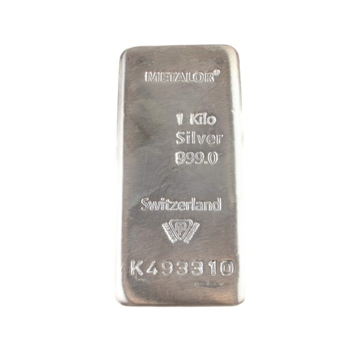 Metalor 999.0 Fine Silver Bar, 1000g. Serial No. K493310. Has Certificate.  Auction Guide: £300-£400 (VAT Only Payable on Buyers Premium)