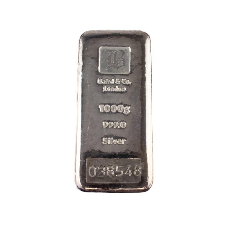 Baird & Co. London 999.0 Fine Silver Bar, 1000g. Serial No. 038548.  Auction Guide: £300-£400 (VAT Only Payable on Buyers Premium)