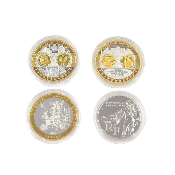 Silver with Gold Plate Three Europe Coins, 4cm, 20g each and Silver Jean-Baptiste Bernadotte One Quarter Euro Coin, 3.8cm, 22.5g (VAT Only Payable on Buyers Premium)