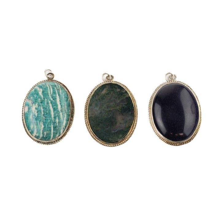 Silver Gold Stone, Amazonite and Moss Agate Cabochon Oval-cut Pendants, 40x30mm, 51.1g