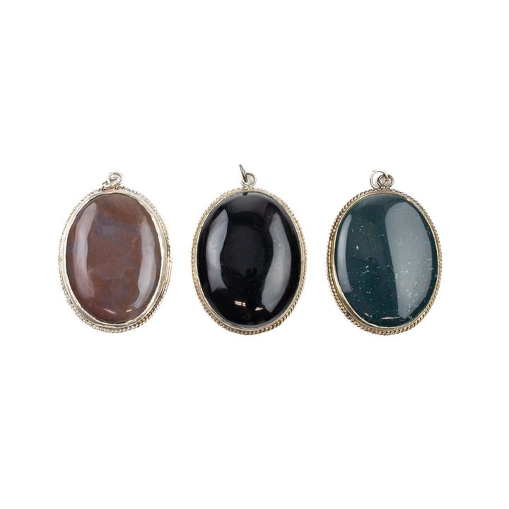 Silver Blood Stone, Gold Stone and Moss Agate Cabochon Oval-cut Pendants, 40x30mm, 51.3g