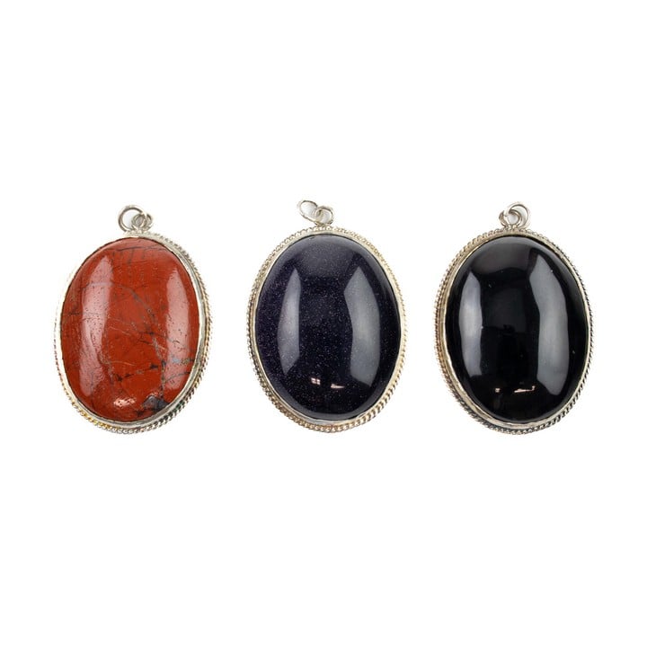 Silver Gold Stone, Red Stone and Gold Stone Cabochon Oval-cut Pendants, 40x30mm, 60.3g