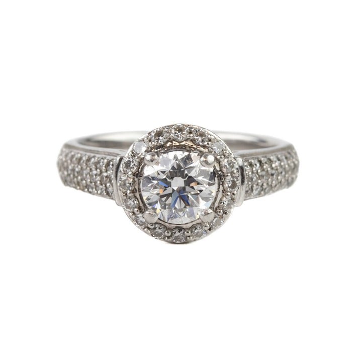 Platinum 950 1.25ct Diamond Ring with Halo and Shoulders Ring, Size M½, 7.8g. Colour I-J, Clarity Si1-Si2.  Auction Guide: £700-£900 (VAT Only Payable on Buyers Premium)