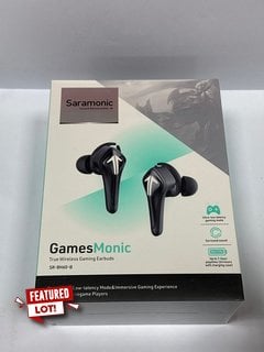 SARAMONIC GAMESMONIC BLUETOOTH 5.0 WIRELESS TWS WITH BUILT-IN MIC, IPX5 WATER RESISTANCE, PREMIUM SOUND & ENHANCED BASS WIRELESS EAR BUDS (ORIGINAL RRP - £95) IN BLACK: MODEL NO SR-BH60-B (WITH BOX &