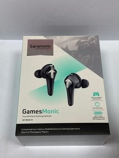 SARAMONIC GAMESMONIC BLUETOOTH 5.0 WIRELESS TWS WITH BUILT-IN MIC, IPX5 WATER RESISTANCE, PREMIUM SOUND & ENHANCED BASS WIRELESS EAR BUDS (ORIGINAL RRP - £95) IN BLACK: MODEL NO SR-BH60-B (WITH BOX &