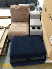 QTY OF ASSORTED ITEMS TO INCLUDE DARK GREY LEATHER MIDDLE SOFA PART (PART ONLY) TO INCLUDE CONSOLE UNIT IN GREEN-GREY (PARTS ONLY) (KERBSIDE PALLET DELIVERY)