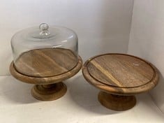 2 X NKUKU RECYCLED GLASS DOME CAKE STAND - MANGO WOOD RC0401