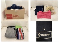 BOX OF APPROX 20 X ASSORTED ADULT CLOTHING TO INCLUDE MACRON CUFFED JOGGERS NAVY SIZE LG