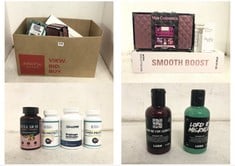 BOX OF ASSORTED BEAUTY ITEMS TO INCLUDE REVOLUTION HAIR SMOOTH BOOST HOT AIR BRUSH