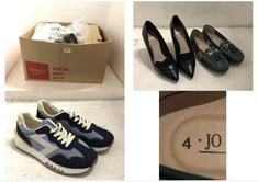 BOX OF ASSORTED SHOES TO INCLUDE WOMENS BLUE/DIAMANTE TRAINERS IN UK SIZE 7