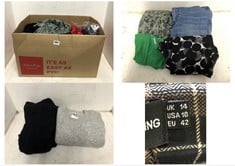 BOX OF ASSORTED ADULTS CLOTHING TO INCLUDE MEN'S UNDER ARMOUR SPORTS TOP IN RED IN SIZE M