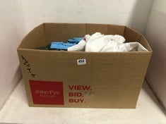 BOX OF ASSORTED KIDS CLOTHING TO INCLUDE KIDS WHITE TROUSERS IN SIZE 12-13 YEARS