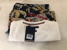 TOMMY HILFIGER CORE TOMMY LOGO T-SHIRT IN WHITE IN SIZE XS TO INCLUDE TOMMY HILFIGER THFLEX BERMUDA NAVY SHORTS IN SIZE 38-RRP £100