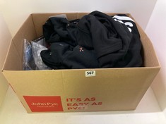 BOX OF ASSORTED CLOTHING ITEMS TO INCLUDE VANS BLACK HOODIE IN SIZE M