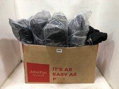 BOX OF ASSORTED CLOTHES TO INCLUDE PUFFER COAT IN DARK GREY SIZE XL