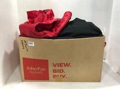 BOX OF ASSORTED COATS TO INCLUDE MENS BODY WARMER IN RED SIZE MEDIUM