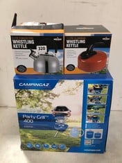 3 X ASSORTED CAMPING ITEMS TO INCLUDE MILESTONE 1L ALUMINIUM WHISTLING KETTLE