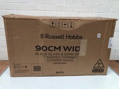 RUSSELL HOBBS 90CM WIDE BLACK GLASS AND DARK STEEL T SHAPED CHIMNEY COOKER HOOD - MODEL NO. RHGCH903DS - RRP £239