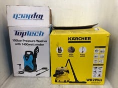 KARCHER WD 2 PLUS CYLINDER WET & DRY VACUUM CLEANER 1.628-002.0 AND TOP TECH 105BAR PRESSURE WASHER WITH 1400W MOTOR