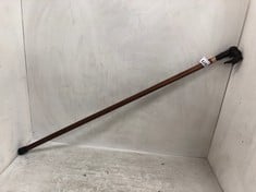 WOODEN WALKING STICK WITH DOG HEAD AND GAME HANDLE.