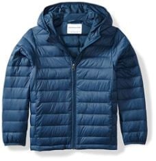 BOX OF ASSORTED KIDS CLOTHING TO INCLUDE  ESSENTIALS BOYS' LIGHTWEIGHT WATER-RESISTANT PACKABLE HOODED PUFFER COAT, NAVY, 11-12 YEARS.