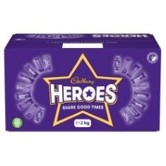 BOX OF ASSORTED CHOCOLATE TO INCLUDE CADBURY HEROES CHOCOLATE LAGE BULK SHARING BOX, ASSORTED MINI-SIZE MILK CHOCOLATE BARS, 2 KG, TOBLERONE MILK CHOCOLATE WITH HONEY AND ALMOND NOUGAT, ESTABLISHED I